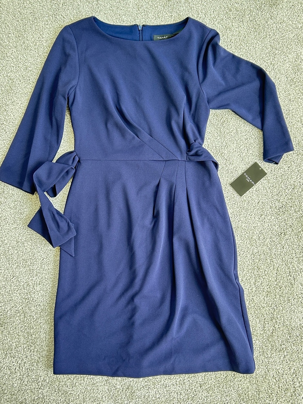 Tahari Navy Tie-Waist Long Sleeve Sheath Dress